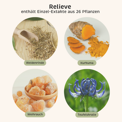 Phyto-Essence Relieve enthält u.a. Einzel-Extrakte aus Weidenrinde, Kurkuma, Weihrauch und Teufelskralle